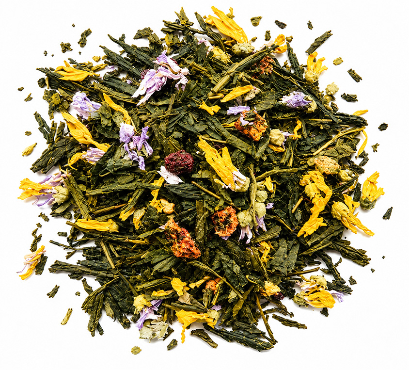 Fruity Sencha Leo Tea – zielona herbata Sencha z ananasem, truskawką, porzeczką i płatkami słonecznika