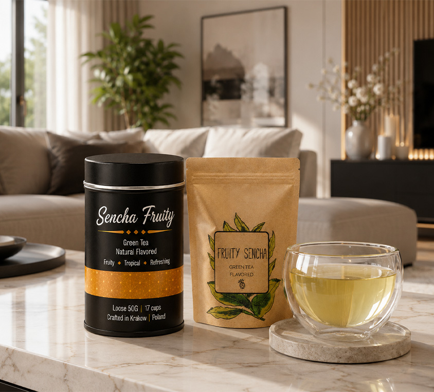 Opakowania Fruity Sencha Leo Tea – zielona herbata z ananasem i owocami