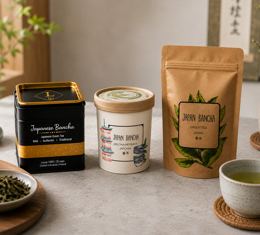 Japanese Bancha Leo Tea – elegancka puszka, doypack i kubek prezentowy