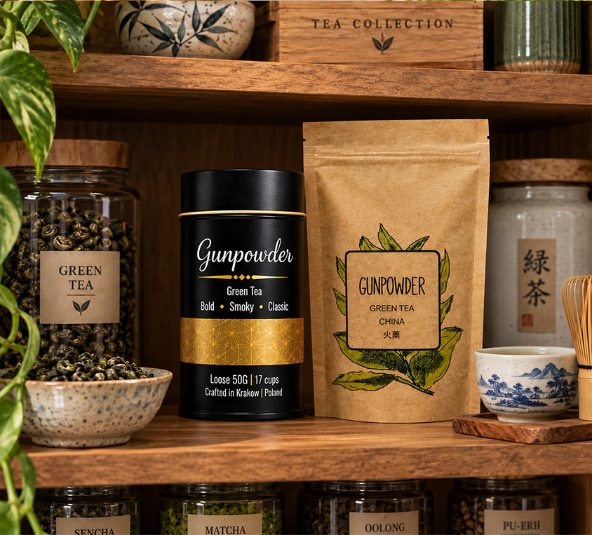 Gunpowder AAA Leo Tea – warianty opakowań: metalowa puszka, kubek tekturowy i doypack