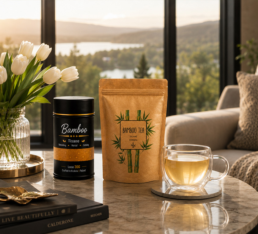 Bamboo Tea Leo Tea – elegancka puszka, doypack i kubek prezentowy