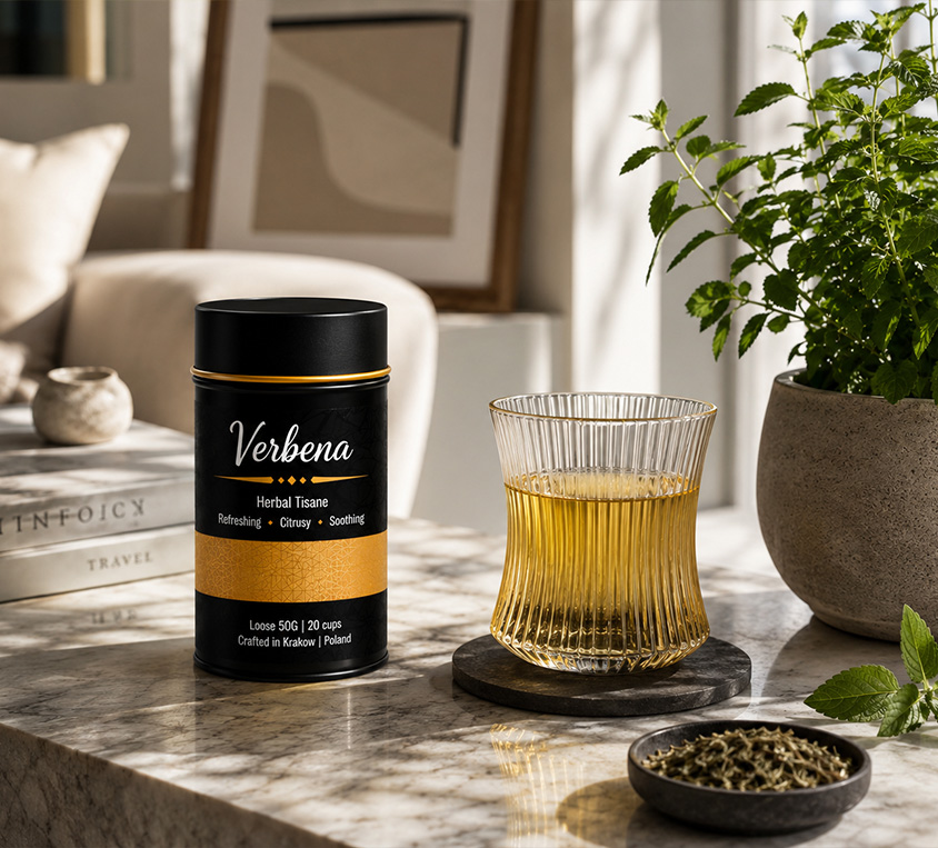 Verbena Leo Tea – elegancka puszka, doypack i kubek prezentowy