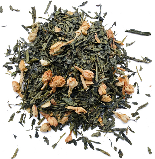 Zielona herbata jaśminowa Leo Tea – zielona liściasta herbata z aromatem jaśminowym i kwiatem jaśminu, dostępna w różnych wariantach opakowań